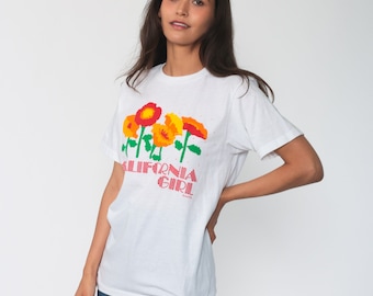 California Girl Shirt Poppy Shirt Retro TShirt Single Stitch Floral Shirt Vintage T Shirt 80s Tee Graphic Screen 1980s Anvil Small Medium