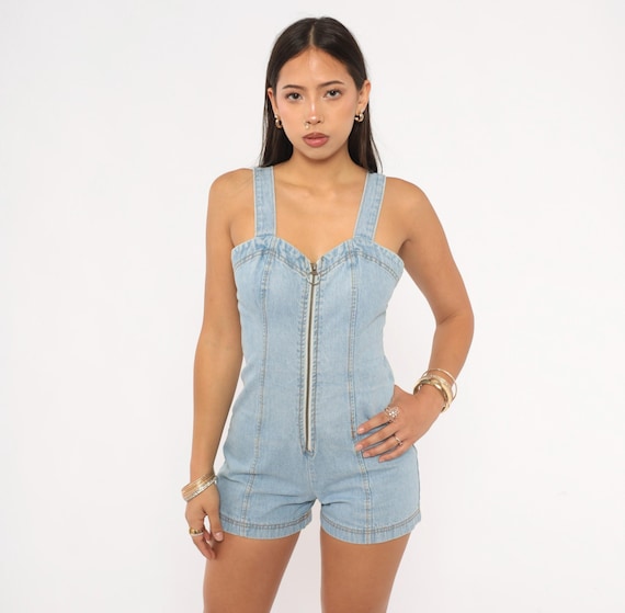 90s Denim Mini Romper Light Wash Blue Zip Front Sweetheart Neckline Playsuit Jean Jumpsuit One Piece Summer Bodycon Vintage Extra Small XS