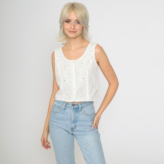 90s Floral Embroidered Tank Top Bow Back White Mesh Cut Out Button Up Blouse Cutwork Shirt Cutout Summer Sleeveless Vintage 1990s Small s