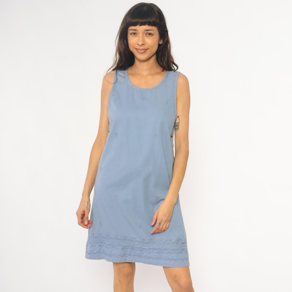 90s Floral Embroidered Dress Blue Cotton Sleeveless Shift Lace Trim Button Side Summer Spring Vintage Cottagecore Prairie Casual Small S