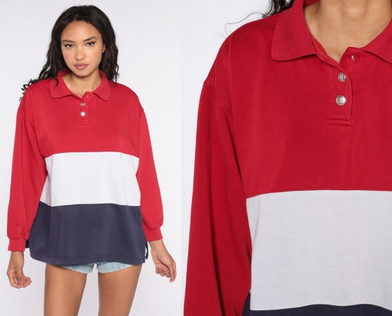 Red Polo Sweatshirt Color Block Sweatshirt 90s Sweatshirt Sweater Retro Slouchy 80s Vintage Striped Sweatshirt Grey White Medium Large