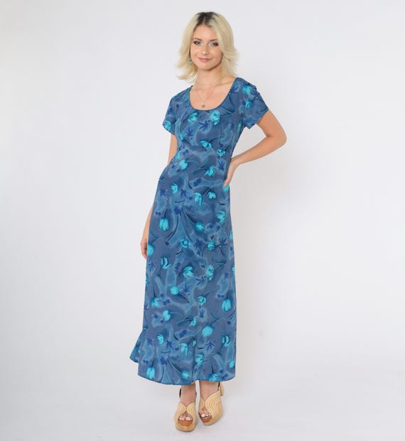 Vintage 90s Blue Floral Dress Empire Waist Maxi Scoop Neck Long Two-Tone Grunge Dress Short Sleeve Dress 1990s All That Jazz Medium