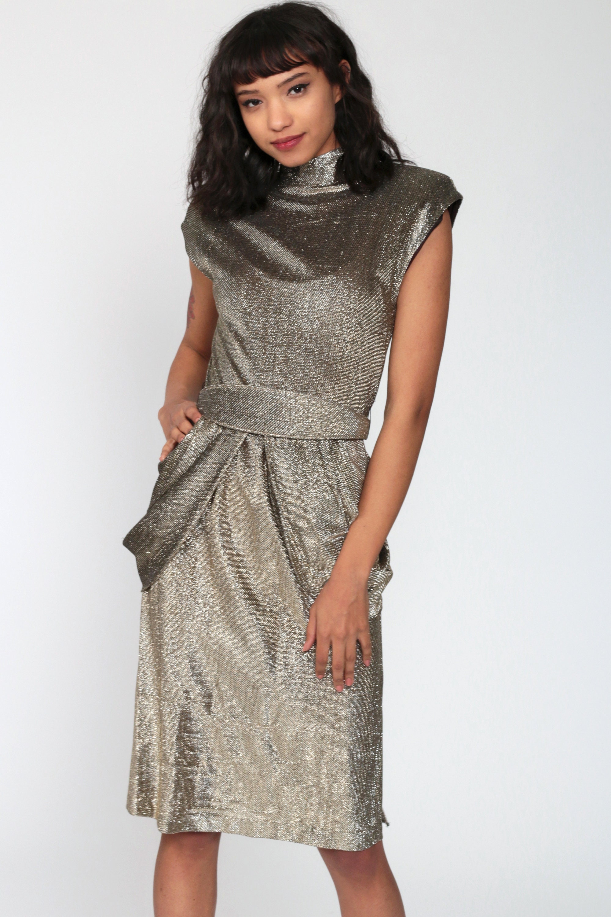 80s Peplum Dress Metallic Party Dress Silver Gold Pencil Cocktail WIGGLE 1980s Midi Dress 