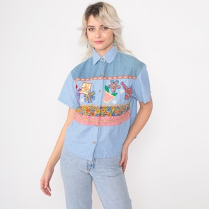 Floral Chambray Shirt 90s Embroidered Garden Top Beaded Denim Button Up Blouse Blue Short Sleeve Flower Print 1990s Vintage Medium Petite