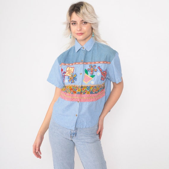 Floral Chambray Shirt 90s Embroidered Garden Top Beaded Denim Button Up Blouse Blue Short Sleeve Flower Print 1990s Vintage Medium Petite