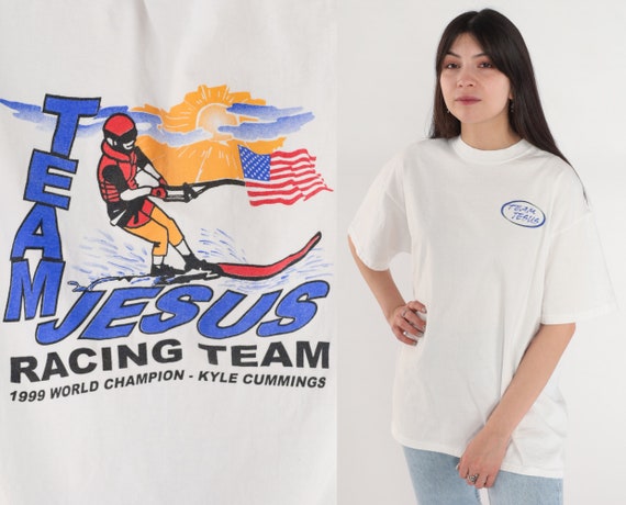 Team Jesus Shirt 90s Christian Water Skiing T-Shirt Christian 1999 Ski Racing World Champion Graphic Tee Religious White Vintage 1990s Large