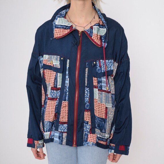 90s Patchwork Windbreaker Blue Zip Up Jacket Geom… - image 8