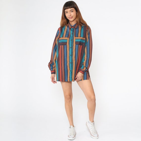 90s Striped Blouse Southwestern Turquoise Button Up Top Chest Pocket Shirt Retro Long Sleeve Brown Mustard Collared Vintage 1990s 2xl xxl