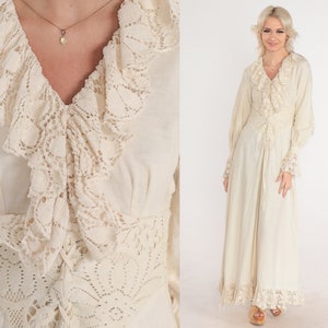 Vintage 70s White Long Sleeve Prairie Wedding Maxi Dress