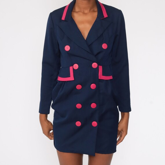 80s Jacket Dress Navy Blue Hot Pink Mini Vintage … - image 7