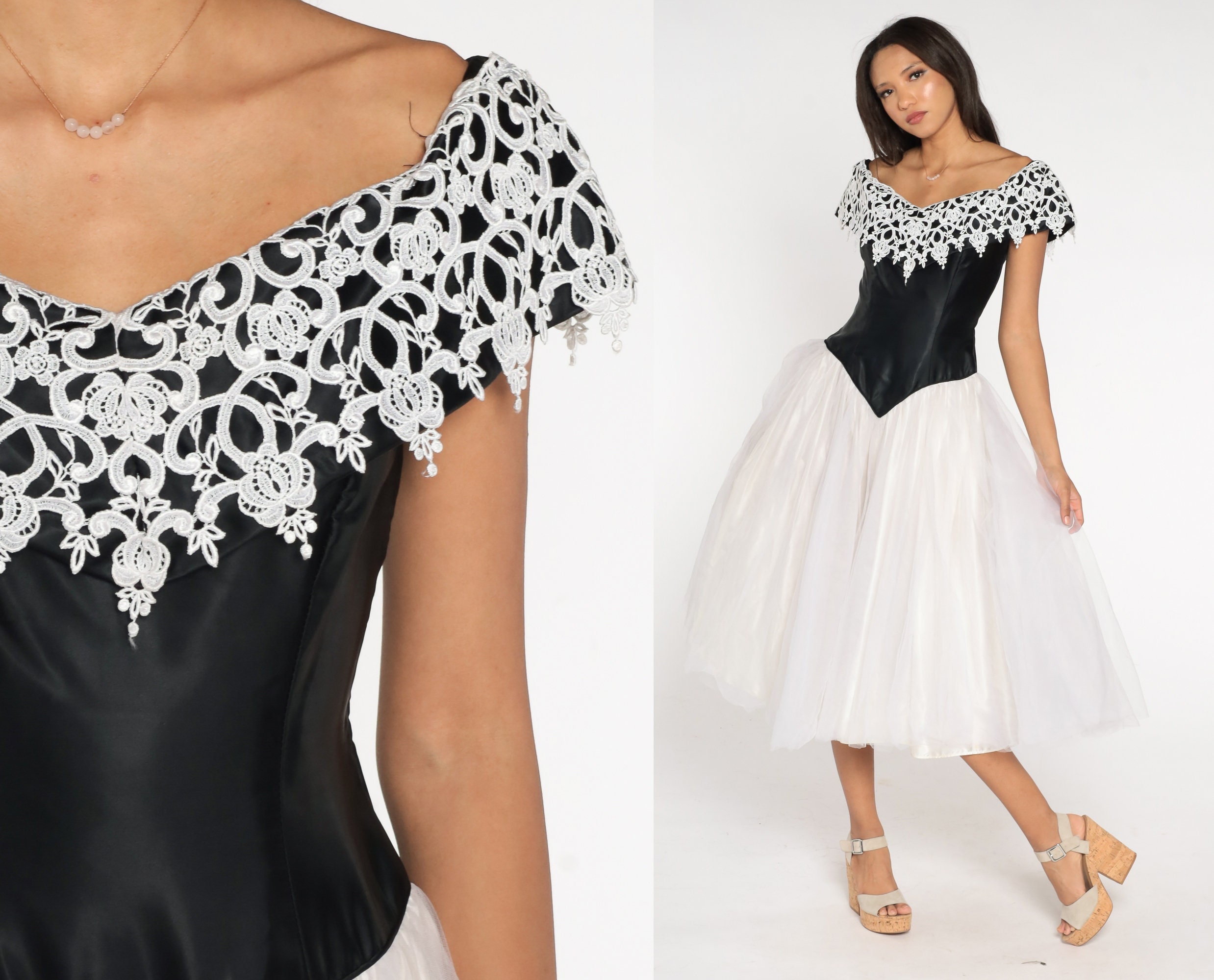 80s Party Dress Black White Lace off Shoulder Basque Waist