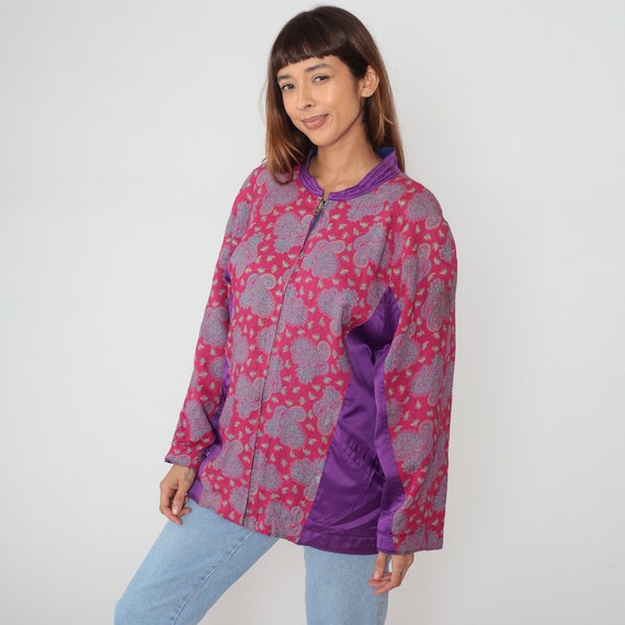 Paisley Silk Jacket 90s Pink Purple Zip Up Bomber Jacket Boho Windbreaker Color Block Bohemian Patterned Coat Retro Vintage 1990s Large L