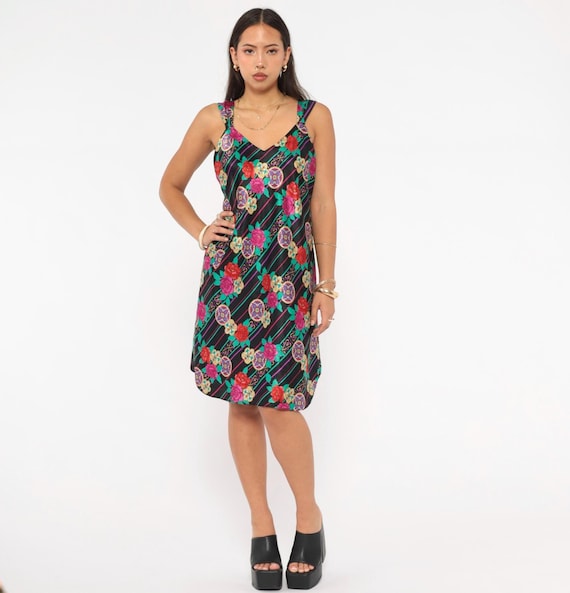 90s Floral Medallion Dress Black Fuchsia Teal Sleeveless V Neck Slip Style Sundress Diagonal Stripe Rose  Tank Vintage Medium M
