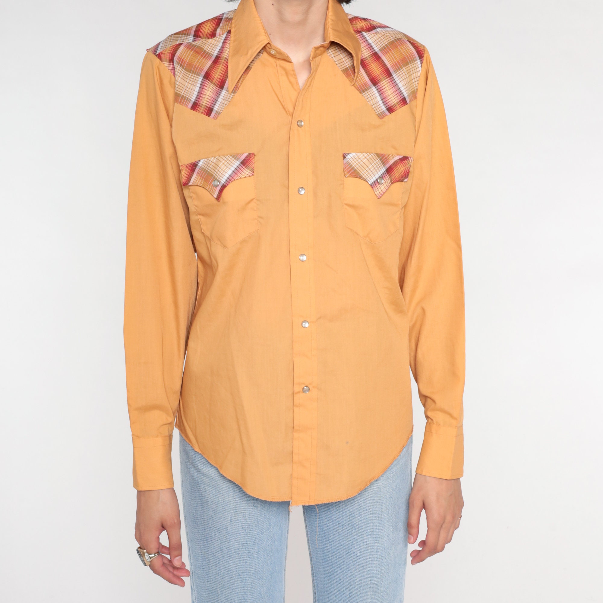 1960s Mustard Yellow Plaid Western Shirt Vintage Cowboy Style Long Sle –  The Naked Man