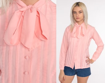 Ascot Shirt Secretary Blouse Baby Pink Top Long Sleeve Top 80s Bow Neck Ascot Top Button Up Vintage 70s Long Sleeve Shirt Small