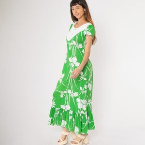 Vintage 70s Green Hawaiian Maxi Dress White Floral Print Puff Sleeve ...