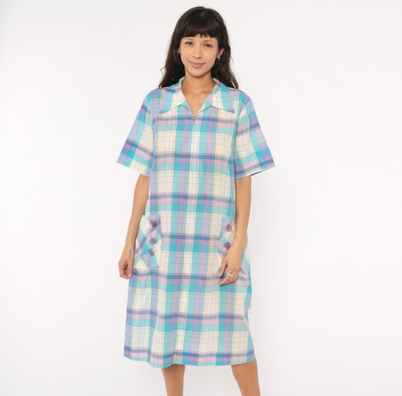 Pastel Plaid Housecoat 70s Zip Front Shift Dress Aqua Purple Lavender Cotton Short Sleeve Collared Knee Length House Gingham Extra Large XL