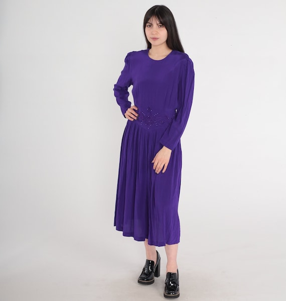 Royal Purple Dress 80s Beaded Party Dress Midi Dress Long Puff Sleeve High Waisted Formal Evening Vintage 1980s Karin Stevens Medium