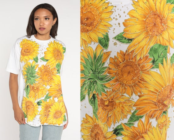 Sparkly Sunflower Shirt 90s Floral T Shirt Glitter White Yellow Retro TShirt Vintage T Shirt Tee Graphic Tshirt 1990s Small Medium Large
