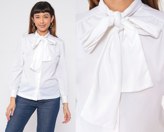 White Necktie Blouse 70s Ascot Pussy Bow Shirt Secretary Long Sleeve Top Button Up Top Neck Tie Retro Bohemian Simple Vintage 1970s Medium M