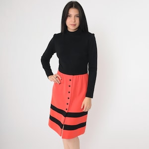 60s Mod Wool Dress Mock Neck Knit Dress Black Orange Striped Midi High Waist Vintage 70s High Neck Button Up Long Sleeve 1960s Twiggy Small
