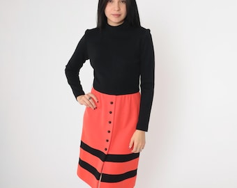 60s Mod Wool Dress Mock Neck Knit Dress Black Orange Striped Midi High Waist Vintage 70s High Neck Button Up Long Sleeve 1960s Twiggy Small