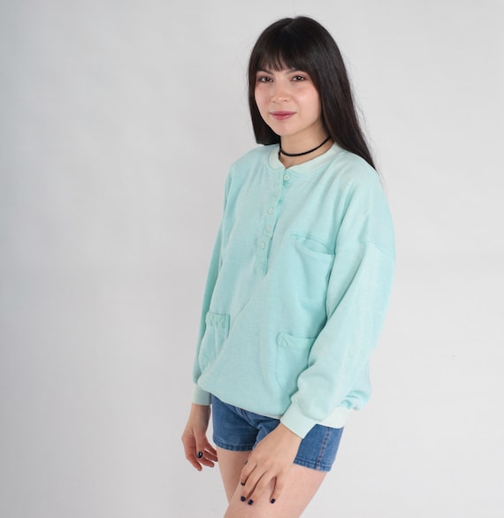 Mint Blue Henley Sweatshirt 80s Waffle Knit Shirt Retro Pullover Crewneck Button up Sweater Pocket Vintage 1980s Shenanigans Large L