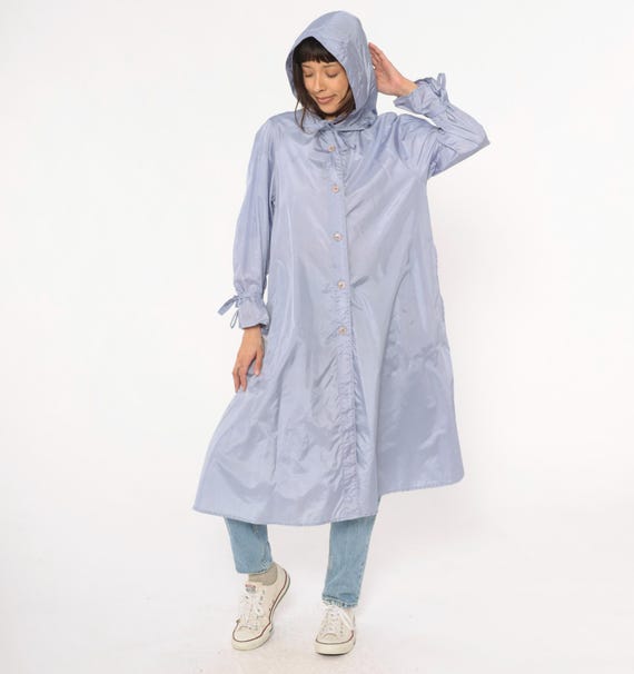 80s Hooded Raincoat Periwinkle Blue Lavender Tie Sleeve Bow Detail Hood Tie Neck Duster Vintage Trench Style Overcoat Spring Jacket Large L