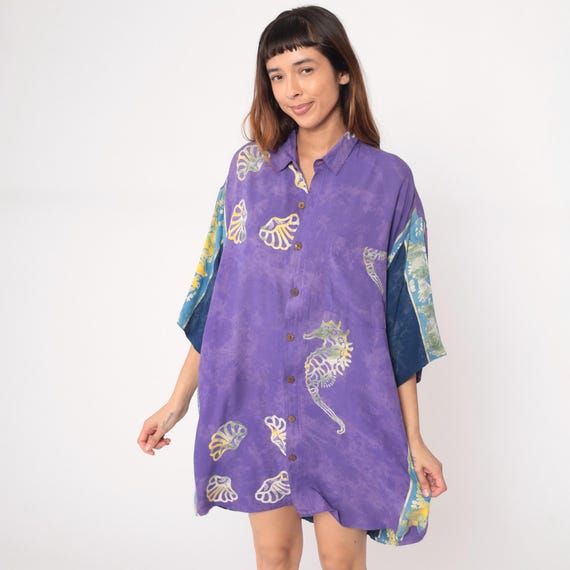 Seahorse Dolphin Shirt Y2K Hawaiian Purple Blue Yellow Short Sleeve Ocean Print Tropical Beach Shell Marine Life Vintage Extra Large XL