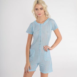 70er Jahre Floral Romper Semi-Transparent Blau Playsuit Zip Up Blumen Print Jumpsuit One Piece Shorts Retro Festival Sommer Vintage 1970er Jahre extra klein xss