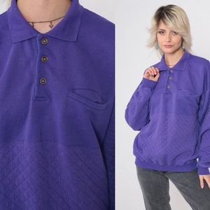 Quilted Purple Sweatshirt 90s Sweatshirt Plain Polo Pullover Sweater Long Sleeve Solid Basic Streetwear Vintage 1990s Medium Large image 1