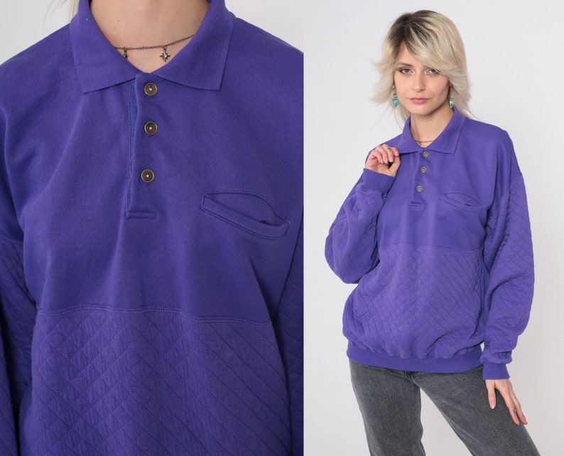 Quilted Purple Sweatshirt 90s Sweatshirt Plain Polo Pullover Sweater Long Sleeve Solid Basic Streetwear Vintage 1990s Medium Large image 1