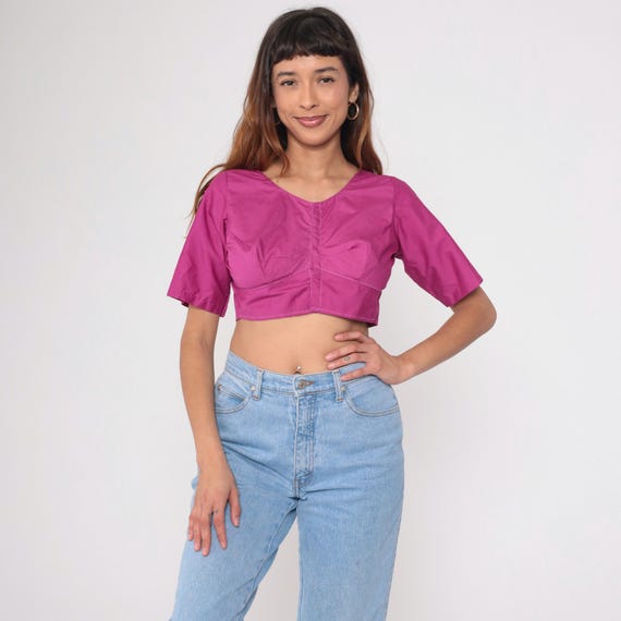 Sari Crop Top Y2K Purple Magenta Blouse Indian V Neck Short Sleeve Cotton Blend Bollywood Choli Bustier Structured Cropped Shirt Small S