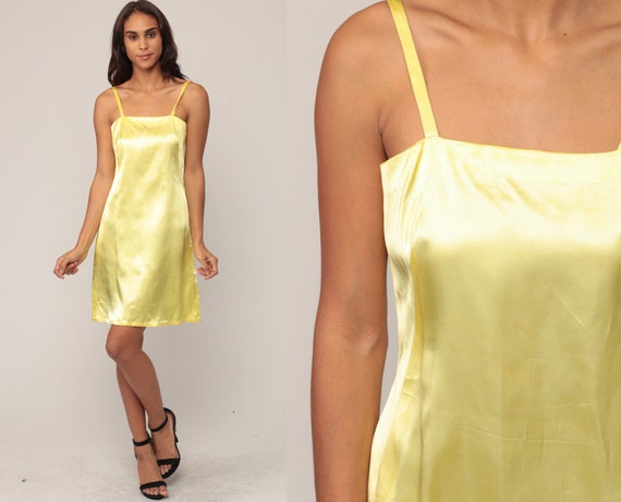 Yellow Mini Dress 1970s Dress Sheath Dress Cocktail Bohemian Disco Grecian Mini 70s Boho Party Spaghetti Strap Vintage Sexy Extra Small xs
