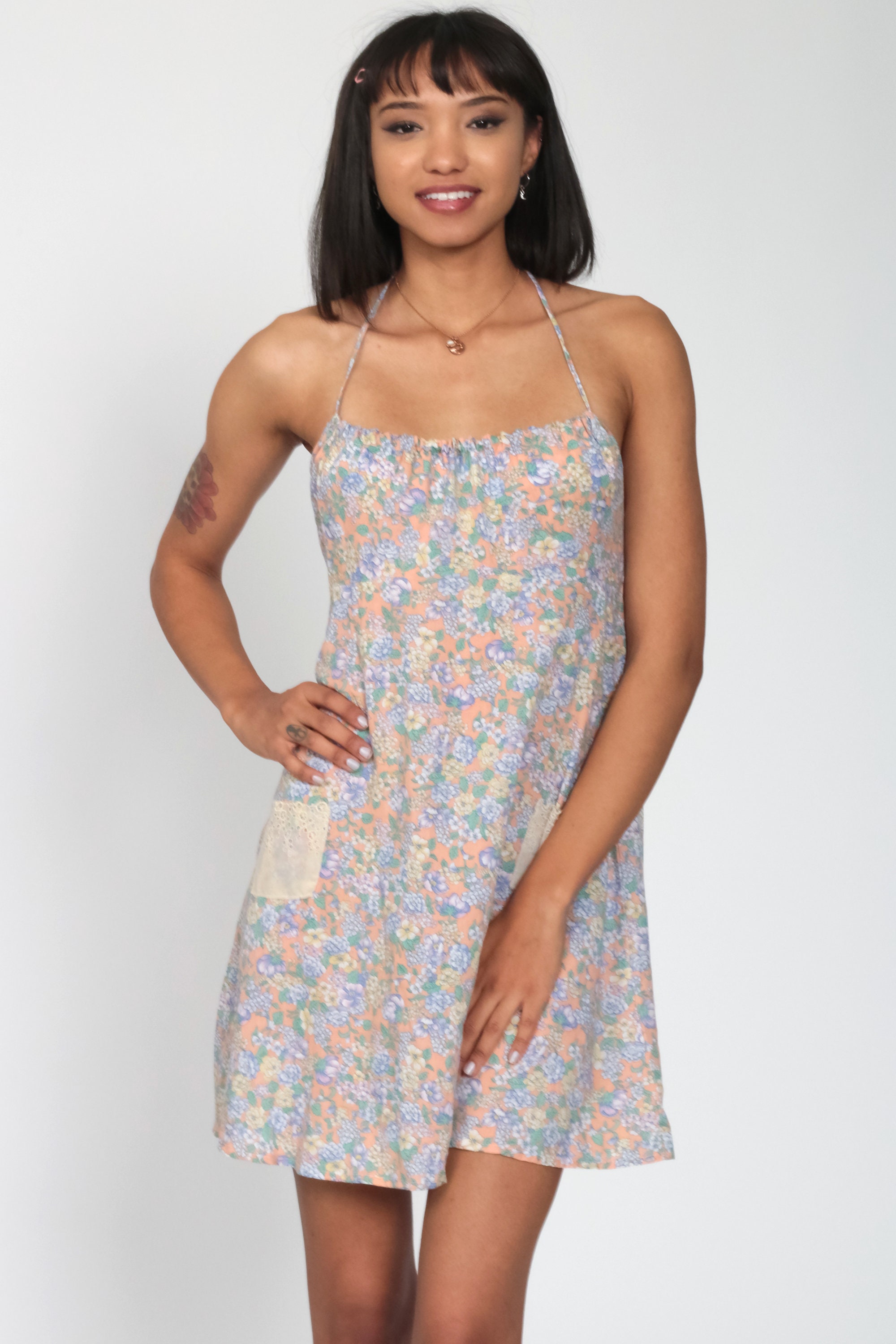 Halter Neck Dress 70s Floral Mini Empire Waist Summer Dress Boho Dress Purple Orange Pin Up 