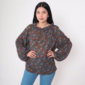Floral Peasant Blouse 70s Poet Top Ruffled Hippie Shirt Boho Long Balloon Sleeve Flower Leaf Print Bohemian Flowy Boho Vintage 1970s Large L