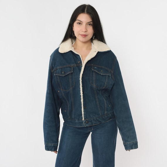 Vintage Denim Shearling Jacket 80s Sherpa Jean Jacket Trucker Dark Wash Blue Coat 1980s Western Silver Spur Fleece Lined Men's Large L