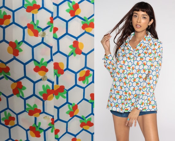 70s Floral Shirt Semi-Sheer Boho Shirt Dagger Collar Shirt Button Up White Bohemian Blouse 1970s Hippie Vintage Long Sleeve Extra Large xl