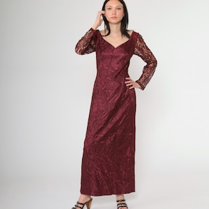 Vintage Wine Lace Maxi Dress 90s Maxi Formal Going Out Sweetheart Neckline Long Back Slit Gothic 1990s Bohemian Party Long Sleeve Small