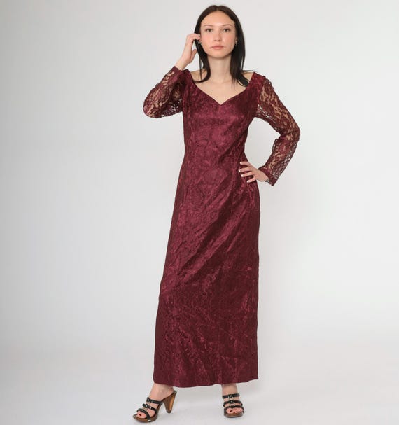 Vintage Wine Lace Maxi Dress 90s Maxi Formal Going Out Sweetheart Neckline Long Back Slit Gothic 1990s Bohemian Party Long Sleeve Small