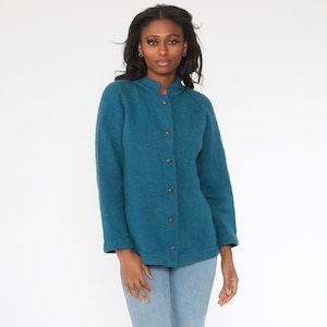 Blue Cardigan Sweater 70s Sweater Raglan Sleeve Plain Wool Blend Button Up Grandma Sweater Slouchy Boho Vintage 80s Bohemian Medium