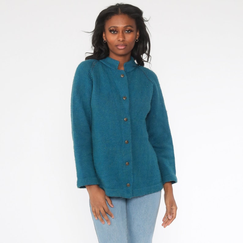 Blue Cardigan Sweater 70s Sweater Raglan Sleeve Plain Wool Blend Button Up Grandma Sweater Slouchy Boho Vintage 80s Bohemian Medium image 2