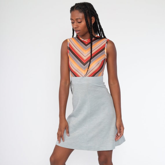 70s Mini Dress CHEVRON STRIPE Dress Mod Shift Dress Twiggy 70s Dress Bohemian Grey Orange Vintage Sleeveless Boho Hippie Extra Small xs