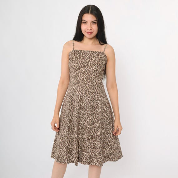 90s Floral Summer Dress Vintage Brown Calico Print Dress 1990s A-Line Sundress Spaghetti Strap Tank Knee Length Medium 8