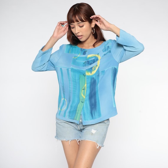 Geometric Watercolor Shirt 90s Blue Abstract Print Button Front Long Sleeve Blouse Artsy Vintage Shirt Lightweight Summer Beach Top Medium M
