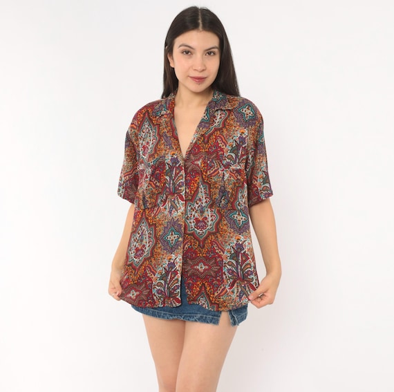 Paisley Button Front Shirt 90s Outback Red Floral Blouse Purple Teal Orange Short Sleeve Top Relaxed Fit Printed Bohemian Summer Medium M