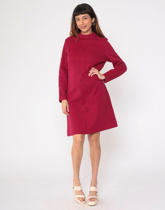 Burgundy Shift Dress 60s 70s Heart Wool Blend Mod Mini Dress Mod Retro Knit Dress Bleeker Street Space Age Long Sleeve Vintage 1970s Medium