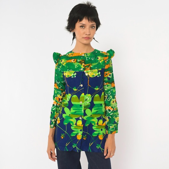 70s Floral Tunic Blouse Green Cobalt Blue Hawaiian Cotton Long Sleeve Ruffle Shoulder Back Button Top Shirt Womens Extra Small XS
