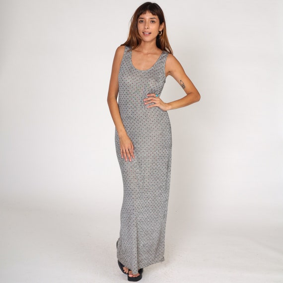 Polka Dot Dress Y2K Grey Sparkly Maxi Dress Sleeveless Scoop Neck Square Dot Print Summer Sundress Sun Vintage 00s Spandex Dress Large L Etsy
