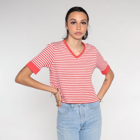 Striped T-Shirt 90s Red White V Neck T Shirt Retro Ringer Tee Short Sleeve TShirt Basic Casual Breton Stripe Top Vintage 1990s Medium M